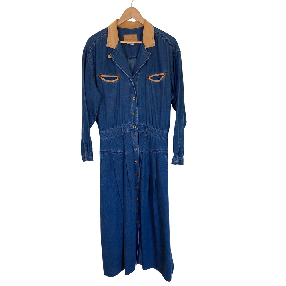 Liz Claiborne Vintage Denim Midi Dress Blue Corduroy Collar Button Front Women 6